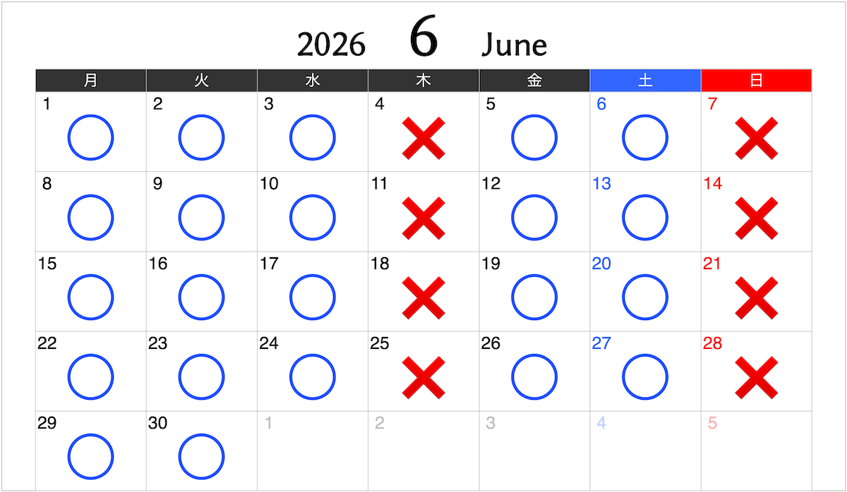 銀座フェイスクリニックの2026年6月診療カレンダー