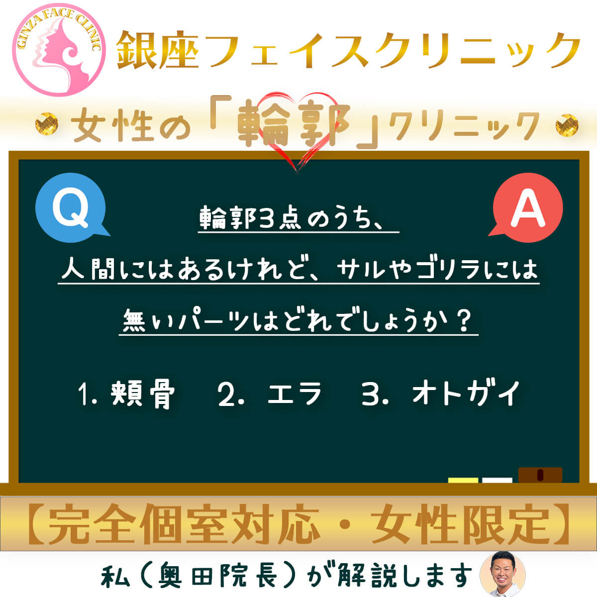 輪郭3点（頬骨・エラ・オトガイ）のうち人間にしかないパーツはどれでしょうか？